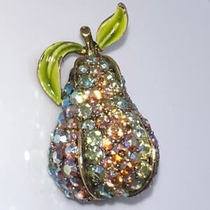 Art vintage gold tone green orange AB aurora borealis rhinestones pear brooch